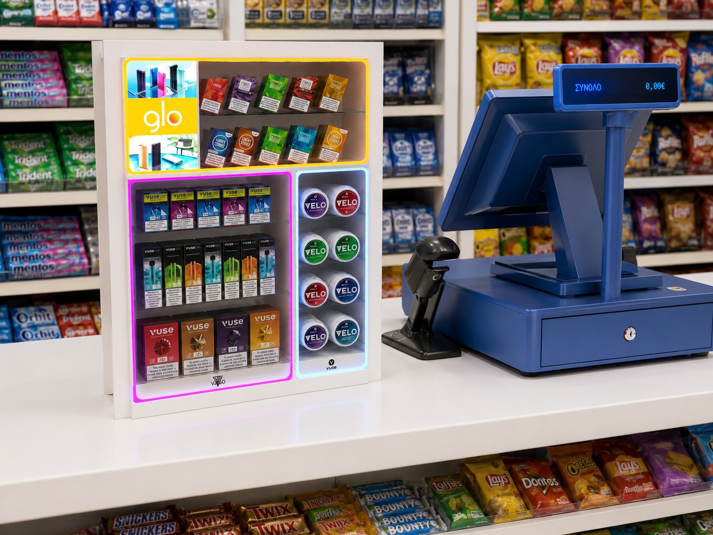 Kiosk & Convenience — Illuminated Counter Cabinet · glo · Vuse · Velo